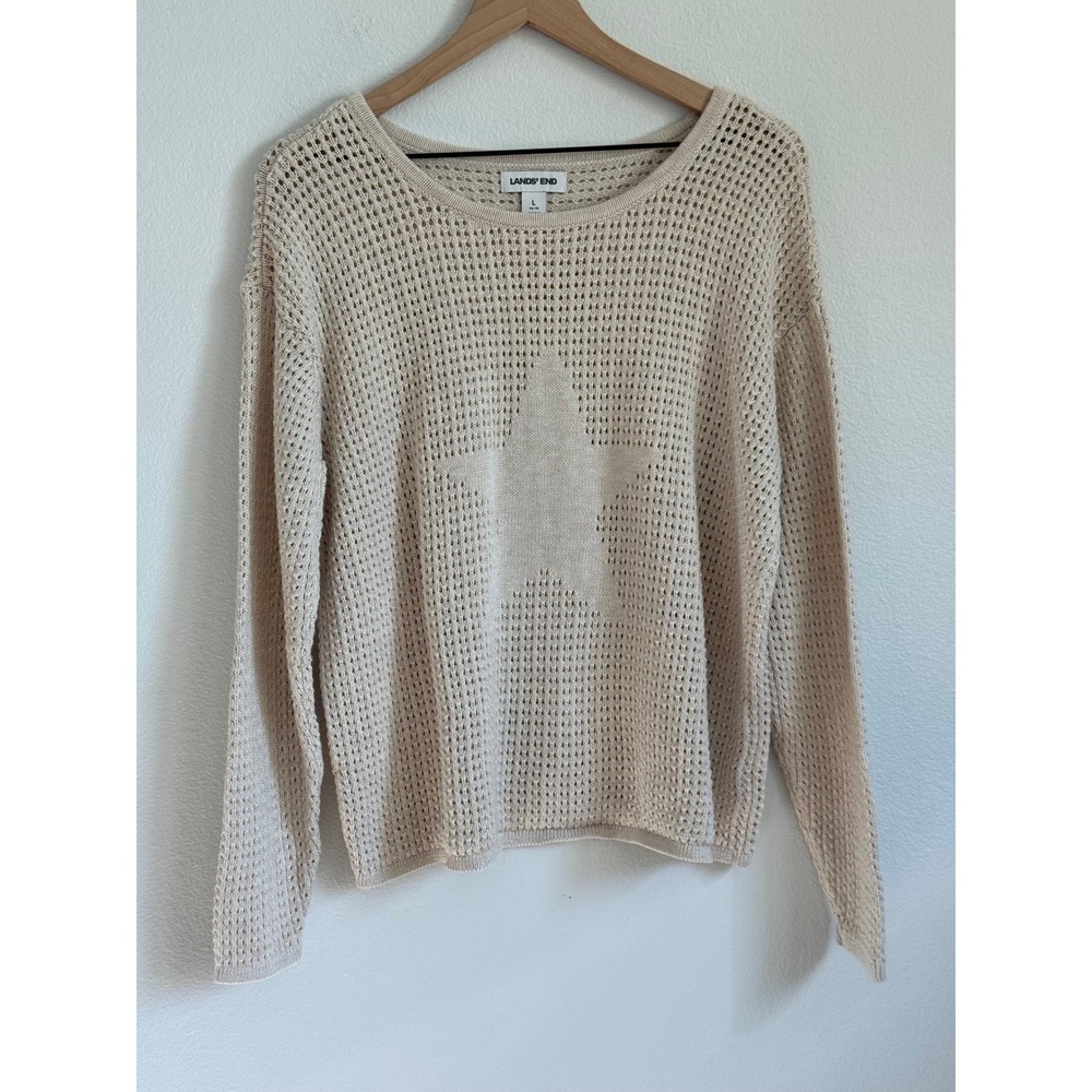 Lands End Sweater L Beige Star Open Knit Coastal Cotton Blend Pullover Boho